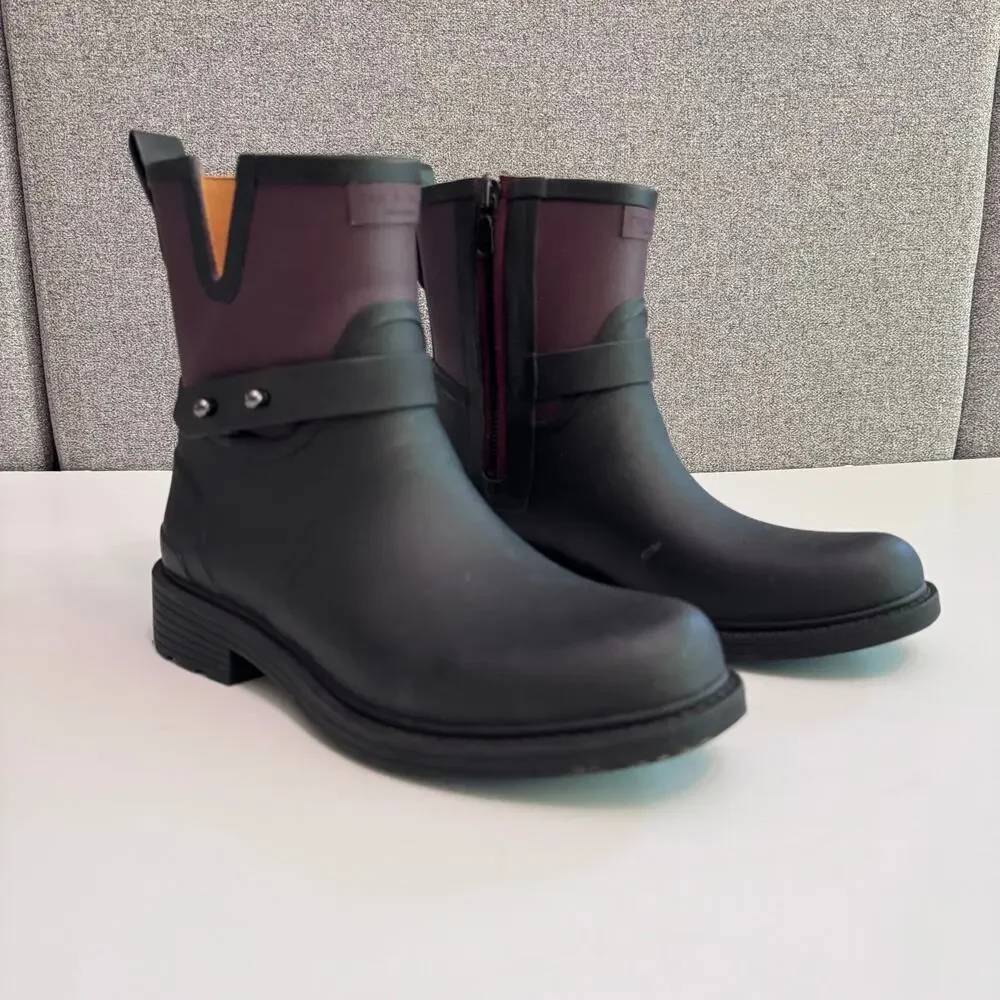 Rag & Bone Shoes Women 37 Black Moto Rubber Rain Boot Zip Strap Stud Detail